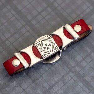 7 inch, Vintage Leather Belt Buck Silver Tone Bracelet, G44